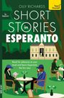 "Olly Richards Short Stories in Esperanto" zeigt ein Café im Park mit vier Menschen an Tischen.