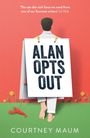 „Alan Opts Out“ in großen Buchstaben, Zitat von „Lit Hub“ darüber. Illustration: Ein Mann mit Schild, Hummer am Boden.