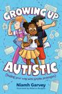 Titel: "Growing Up Autistic (finding your way with simple strategies)". Drei fröhliche Kinder mit Rucksäcken und Karten.