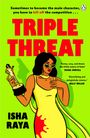 „TRIPLE THREAT“ in Rot, gelbes Kleid, Frau mit Sonnenbrille, sie hält eine Trophäe; Zitate von Tasha Coryell und Kelly Mullen.