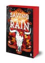 "Saving the Rain", bunter Herbsthintergrund, Schädel in der Mitte, darunter Banner mit "Elliott Rose".