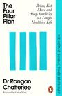 Text: "The Four Pillar Plan" und "Dr Rangan Chatterjee". Eine Illustration von vier blauen Säulen.