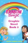 "Rainbow Magic Graphic Novel Book 3. Cover coming soon. Illustration: Zwei fröhliche Kinder vor einem bunten Regenbogen."