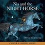 „Nia and the Night Horse“; „Cover Coming Soon“; Gemälde von einem Kind auf einem blauen, galoppierenden Pferd vor Nachtkulisse.