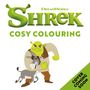 Text: "Shrek Cosy Colouring", "Cover Coming Soon". Illustration: Grüner Oger umarmt fröhlichen Esel.
