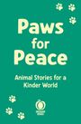 Text: „Paws for Peace. Animal Stories for a Kinder World.“ Grüner Hintergrund, Pfotenabdrücke und ein Apfel-Logo.