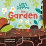 Text: "Let's Explore the Garden" und "A Peek into the Minibeast World." Illustration von Garten mit Tieren und Pflanzen.