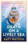 „Dame Agatha would approve“ DAILY MAIL, „A yacht full of suspects...“, „On a sea of red herrings.“ Darstellung eines Boots.