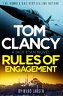 Text: "The Number One Bestselling Author", "Tom Clancy", "A Jack Ryan Novel", "Rules of Engagement", "By Ward Larsen". Jetflugzeug im Himmel, Skyline im Hintergrund.