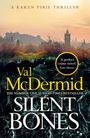 „A Karen Pirie Thriller“, Val McDermid, „Silent Bones“, Zitat von Kate Mosse. Silhouette einer Stadt im Abendlicht.