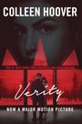 "Colleen Hoover, Verity, now a major motion picture" in Weiß auf rotem Hintergrund mit Paar im Vordergrund.