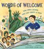 „Words of Welcome: How Emma Lazarus Gave Lady Liberty a Voice.” Illustration einer Frau, Freiheitsstatue und Gesichter.