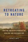 "RETREATING TO NATURE" in blauer Schrift oben. Darunter eine Landschaftsmalerei mit Bäumen und einem See in sanften Farben.