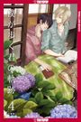Japanische Schriftzeichen links, zwei junge Männer, einer schläft auf dem anderen, umgeben von Hortensien.