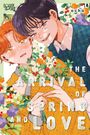 Japanische Schriftzeichen auf blumiger Manga-Illustration, zwei Personen, eine mit orangenem Haar, blühende Kirschblüten.