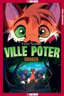 "Victor Nordahl. VILLE POTER. SKOGEN." Eine bunte Illustration von einem Fuchs und zwei Wölfen im Wald.