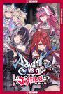 Text: "Advent VS Justice". 

Illustration von fünf stilisierten Anime-Figuren in dynamischen Posen, bunte und fantasievolle Designs.