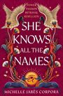 "Power Passion Betrayal Rebellion. SHE KNOWS ALL THE NAMES. Michelle Jabès Corpora." Zwei Vögel, Schlangen, Anubis-Hunde.