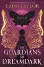 Texte: LAINI TAYLOR, SILKSINGER, THE GUARDIANS OF DREAMDARK. 

Eine Figur mit dekorativen Flügeln und ein großes, stilisiertes schwarzes Schmetterlingsmotiv.