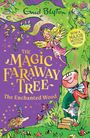 "THE MAGIC FARAWAY TREE" in gelben Buchstaben auf lila Hintergrund, mit märchenhaften Figuren und bunten Pflanzen.