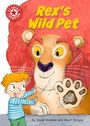 Titel: "Rex’s Wild Pet". Illustration eines Jungen mit einem großen Löwen, der die Pranke hebt.