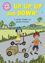 „UP, UP, UP AND DOWN!“ von Jackie Walter und Janelle Wahren. Kind auf Roller, Junge zieht Wagen. Fröhliche Szene.