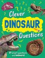 „Clever Dinosaur Questions“ in großen Buchstaben auf grünem Hintergrund. Dinosaurierköpfe und ein Ammonit sind abgebildet.
