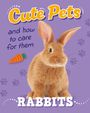 „Cute Pets and how to care for them. RABBITS.“ Ein brauner Hase auf violettem Hintergrund mit Pfotenabdrücken und einer Karotte.