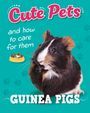 „Cute Pets and how to care for them: Guinea Pigs.“ Ein Meerschweinchen vor türkisfarbenem Hintergrund mit Pfotenabdrücken.
