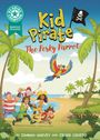 "Kid Pirate: The Pesky Parrot" zeigt Piratenkinder und einen Papagei auf einer tropischen Insel mit Palmen und einem Piratenflaggen-Logo.