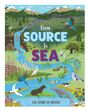 Text: "From Source To Sea" und "The Story of Rivers". Illustration eines Flusses durch verschiedene Landschaften mit Tieren.