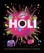"Celebrate Holi! Entdecke dieses besondere Fest und wie es gefeiert wird." Farbenfrohe Illustration mit Elefant und Trommel.