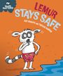 Text: "LEMUR STAYS SAFE" und "Health MATTERS!". Illustration: Ein Lemur in Badehose steht nachdenklich am Wasser.