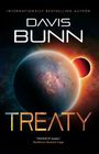 Text: "Davis Bunn, Treaty." Darstellung eines Planeten vor einem leuchtenden Sternhintergrund mit Sonnenfinsternis.
