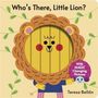 Text: "Who's There, Little Lion? With MAGIC Changing Pictures" von Teresa Bellón. Illustration: Niedlicher Löwe mit Blättern.