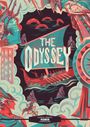 "The Odyssey." Retro Illustration eines Schiffes mit Segel, Meeresbewohnern und griechischen Figuren in lebhaften Farben.