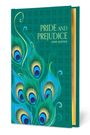 „Pride and Prejudice, Jane Austen.“ Grünes Buch mit Pfauenfedern und vergoldetem Schnitt.