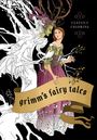 "grimm's fairy tales" auf Banner, "CLASSICS COLORING" mit Ornamenten. Eine Frau und ein baumartiges Wesen.