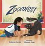 "Zoomies!" zeigt ein Kind und einen Hund, die spielerisch miteinander interagieren, umgeben von Pflanzen auf einem Holzboden.