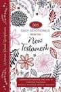 "365 Daily Devotionals from the New Testament." Florale Muster in Rot, Schwarz und Rosa, links roter Streifen mit Text.