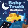 Text: "Baby Truck Bedtime". Illustration zeigt gelben LKW im Bett mit schlafender Katze und Nachtsternen.