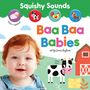 „Press 4 buttons! Baa Baa Babies. Art by Louise Anglicas.“ Ein Kind lächelt vor einer illustrierten Scheune und Tieren.