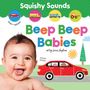 "Beep Beep Babies" in bunten Buchstaben, mit Kind und rotem Auto mit Tieren.