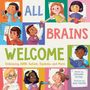 "All Brains Welcome: Embracing ADHD, Autism, Dyslexia, and More." Fröhliche Kinder mit verschiedenen Gegenständen.