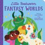"Little Bookworm Fantasy Worlds" steht in lila Schrift. Illustration: Kind, grüner Drache, Einhorn umarmen sich.