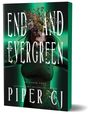 „END AND EVERGREEN“, „PIPER CJ“, „NO OTHER GODS“. Eine Frau mit blumengeschmücktem Kopf, grünlichem Schimmer.