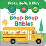 Text oben: "Press, Hear, & Play". Mitte: "Beep Beep Babies". Illustration: Gelber Bus mit Tieren und Sonne.