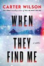Texte: "CARTER WILSON", "WHEN THEY FIND ME", "A NOVEL". Verschneite Landschaft mit einem dunklen, einsamen Haus.