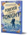 "FOREVER Starts TONIGHT" in großen Buchstaben. Silhouette eines Paars vor Bergen, umgeben von blauen Blumen.