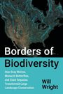 "Borders of Biodiversity" von Will Wright, Untertitel über Wölfe, Schmetterlinge, Mammutbäume. Illustration mit blauen Linien.